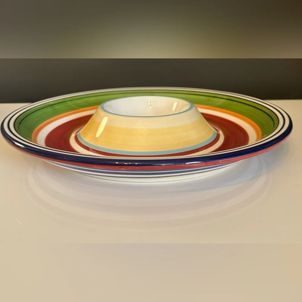Pottery Barn Chip Dip Espadrille Stripe Bowl Platter Red Blue Green Yellow Round